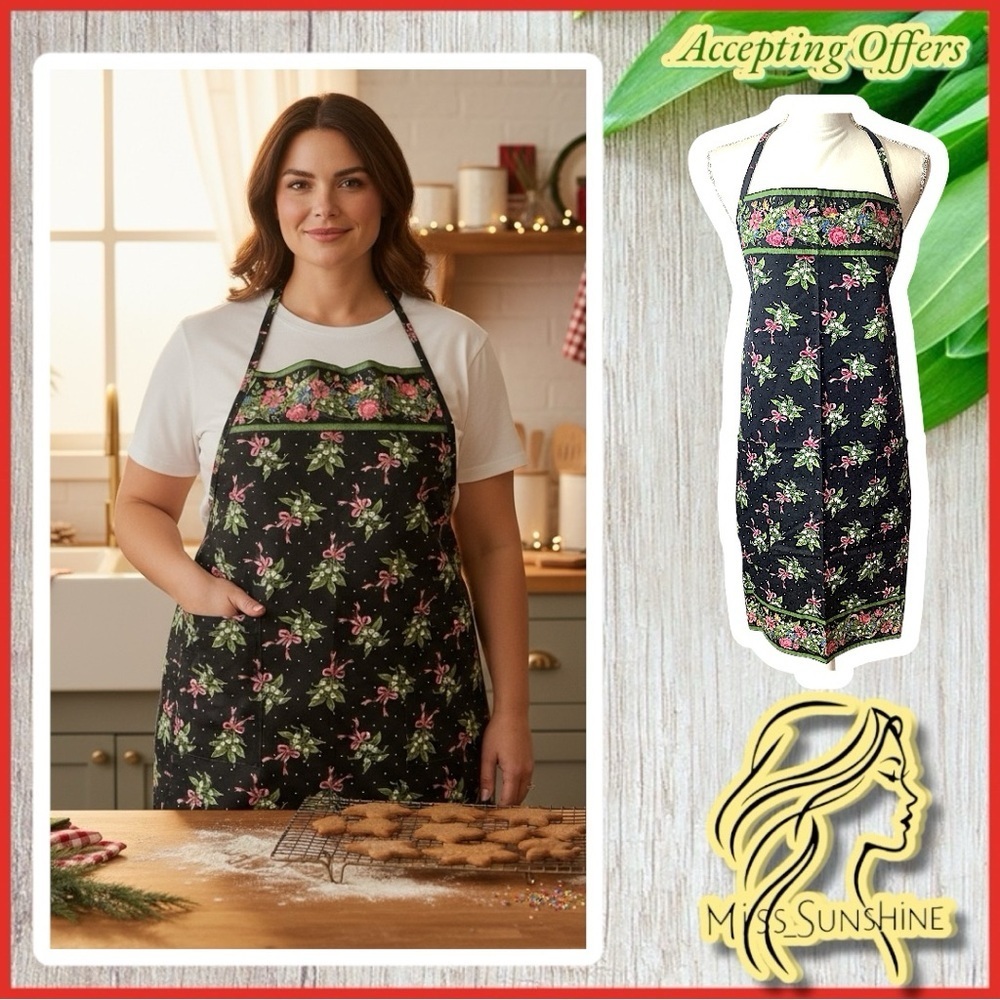Vera Bradley - OS - floral Apron - black green pink & white - white deep pockets